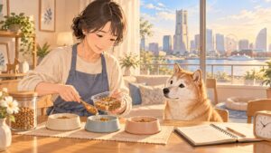 シニア犬の食事を一日分から三つの器へ分ける飼い主