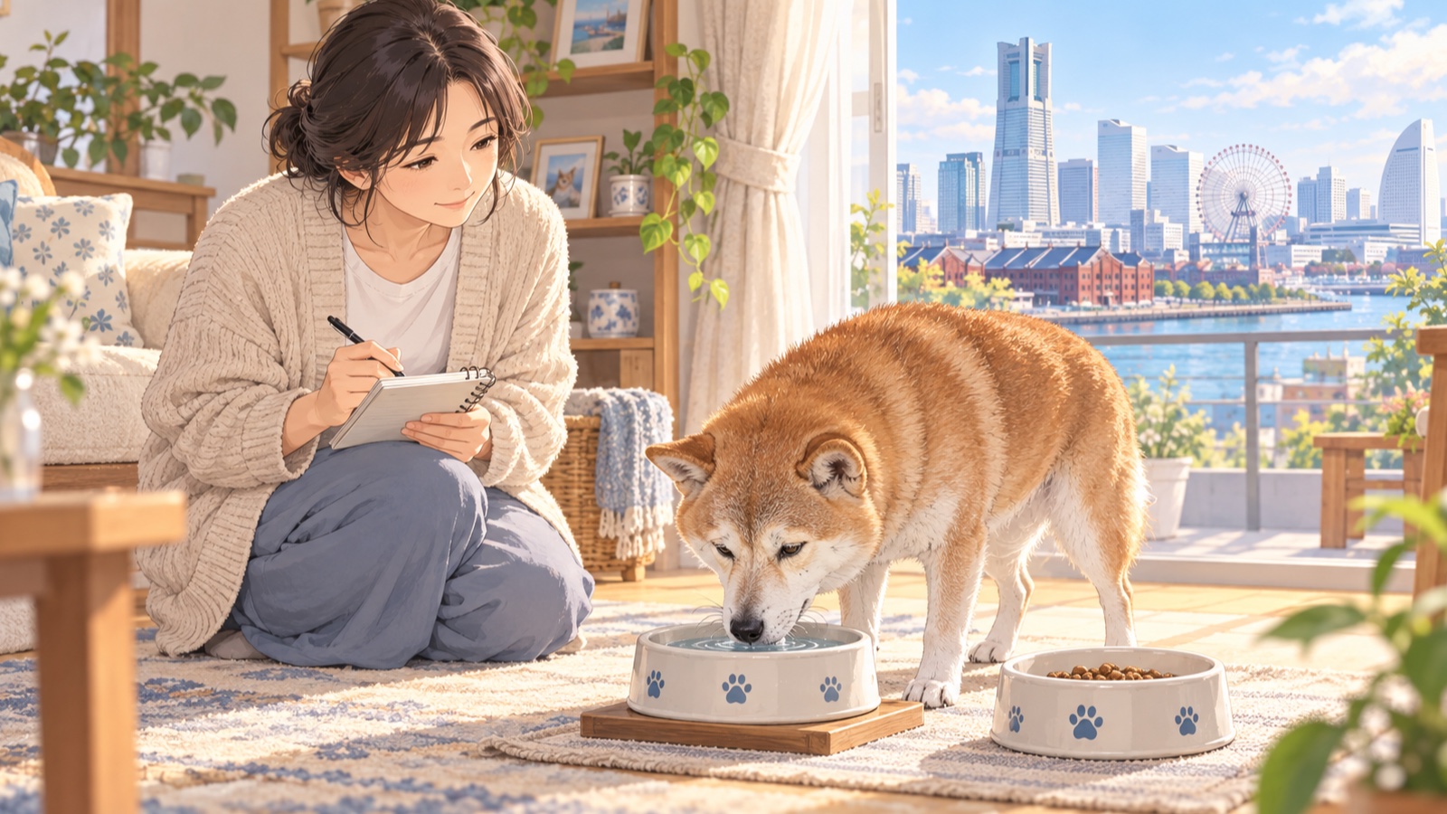 食事を残し水だけを飲む老犬と様子を記録する飼い主