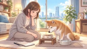 老犬がごはんを食べない様子を見守る飼い主