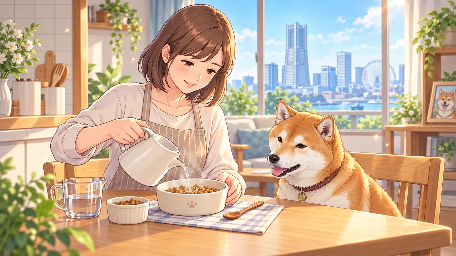 老犬のためにフードをぬるま湯でふやかす飼い主