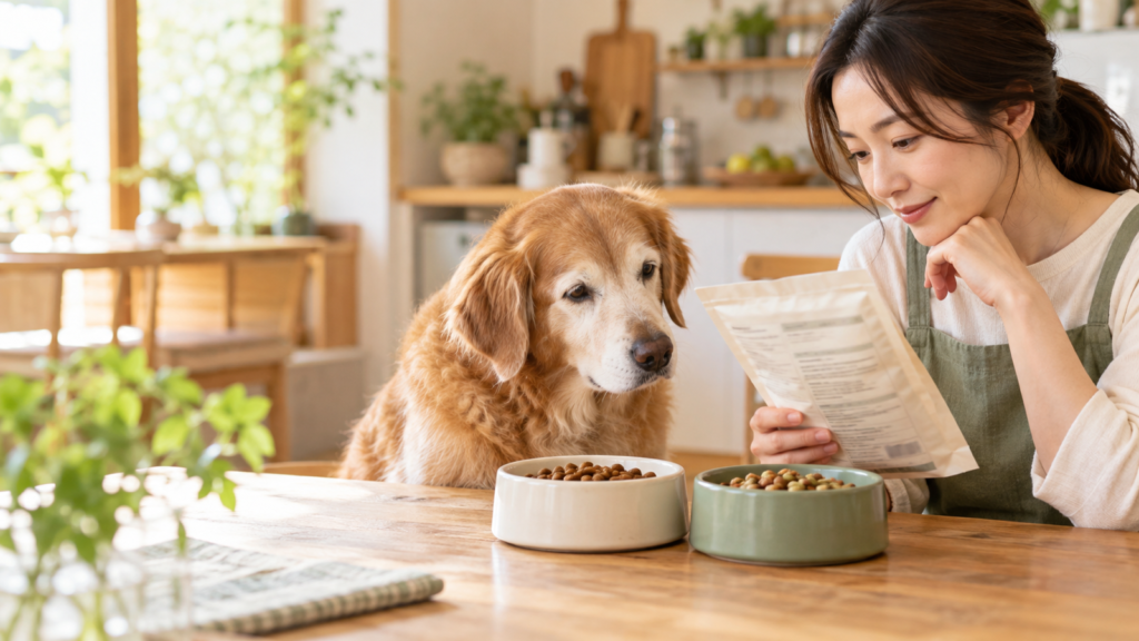老犬のフード表示を確認する飼い主