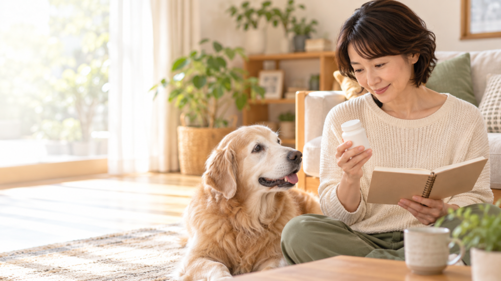 犬用サプリメントを確認する飼い主