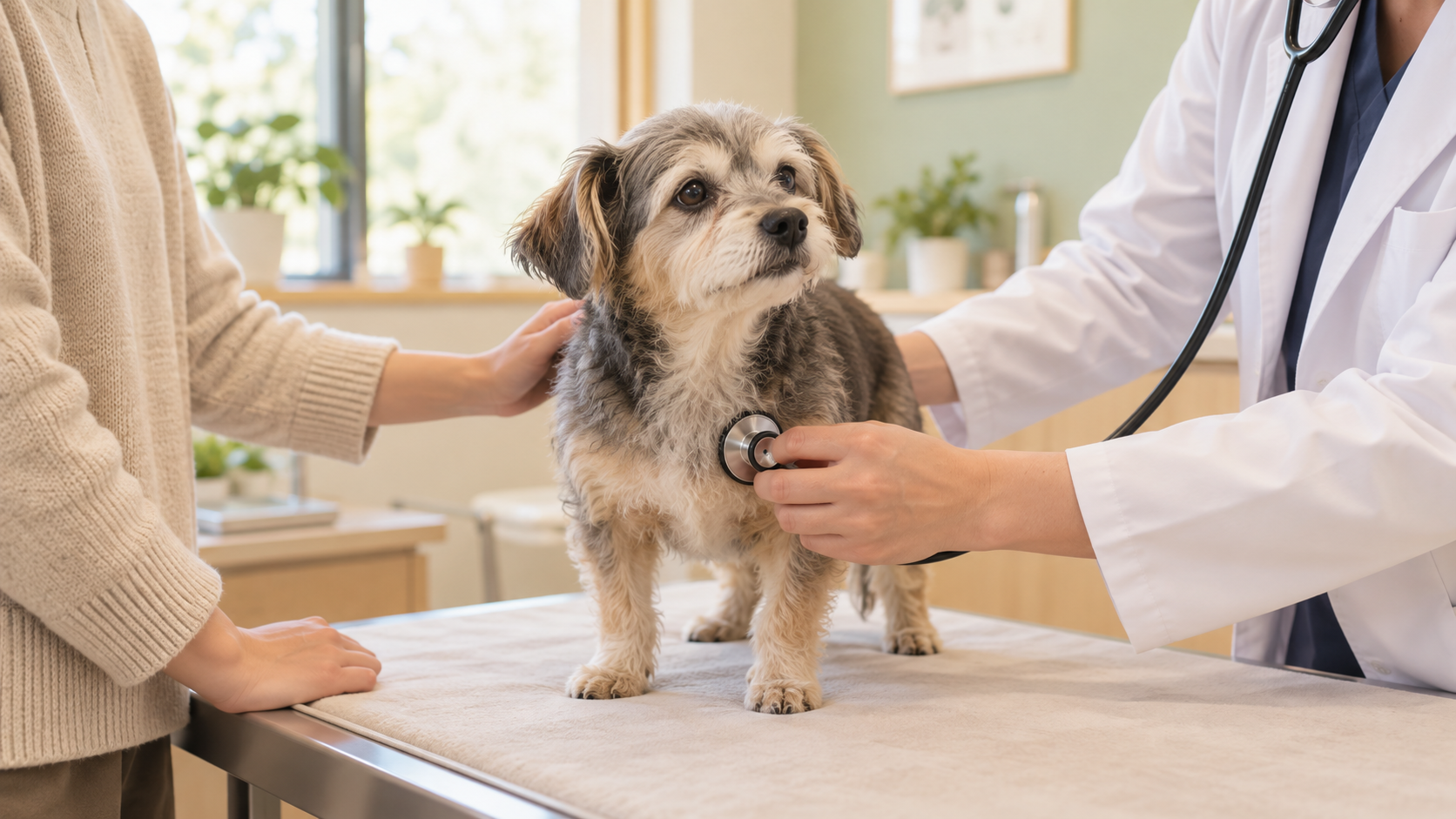 動物病院で聴診を受けるシニア犬と付き添う飼い主